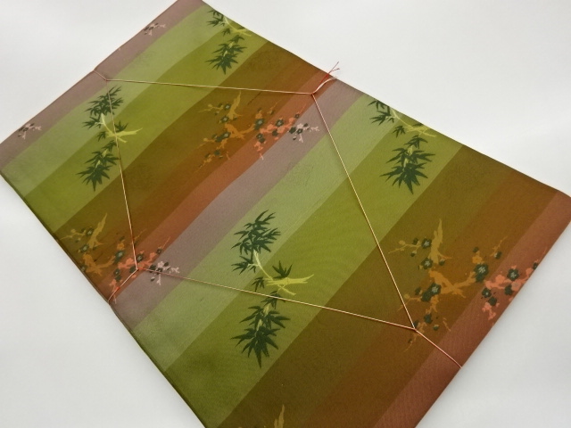 JAPANESE KIMONO / UNUSED NAGOYA OBI / SILK / WOVEN UME & BAMBOO GRASS & STRIPE